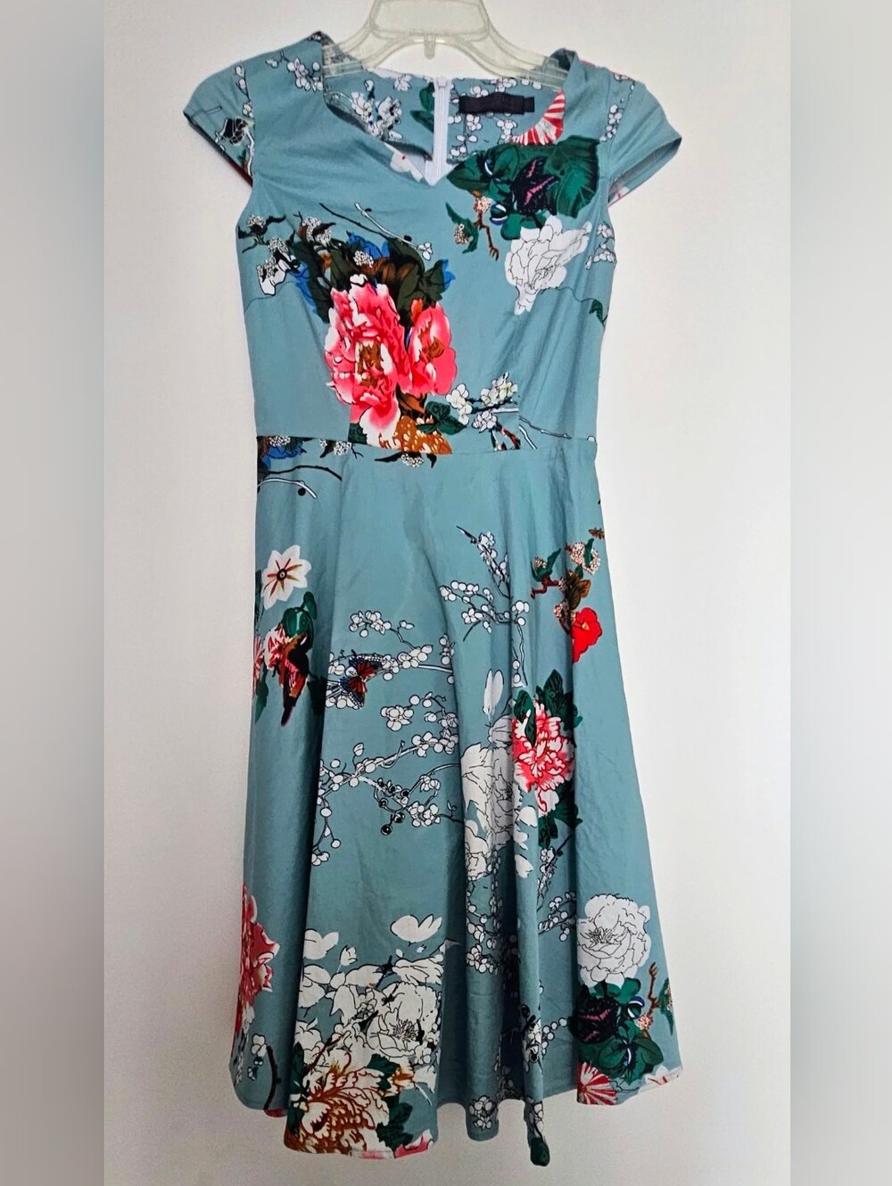 Floral V-Neck Midi Dress in Teal with Pink Bloom